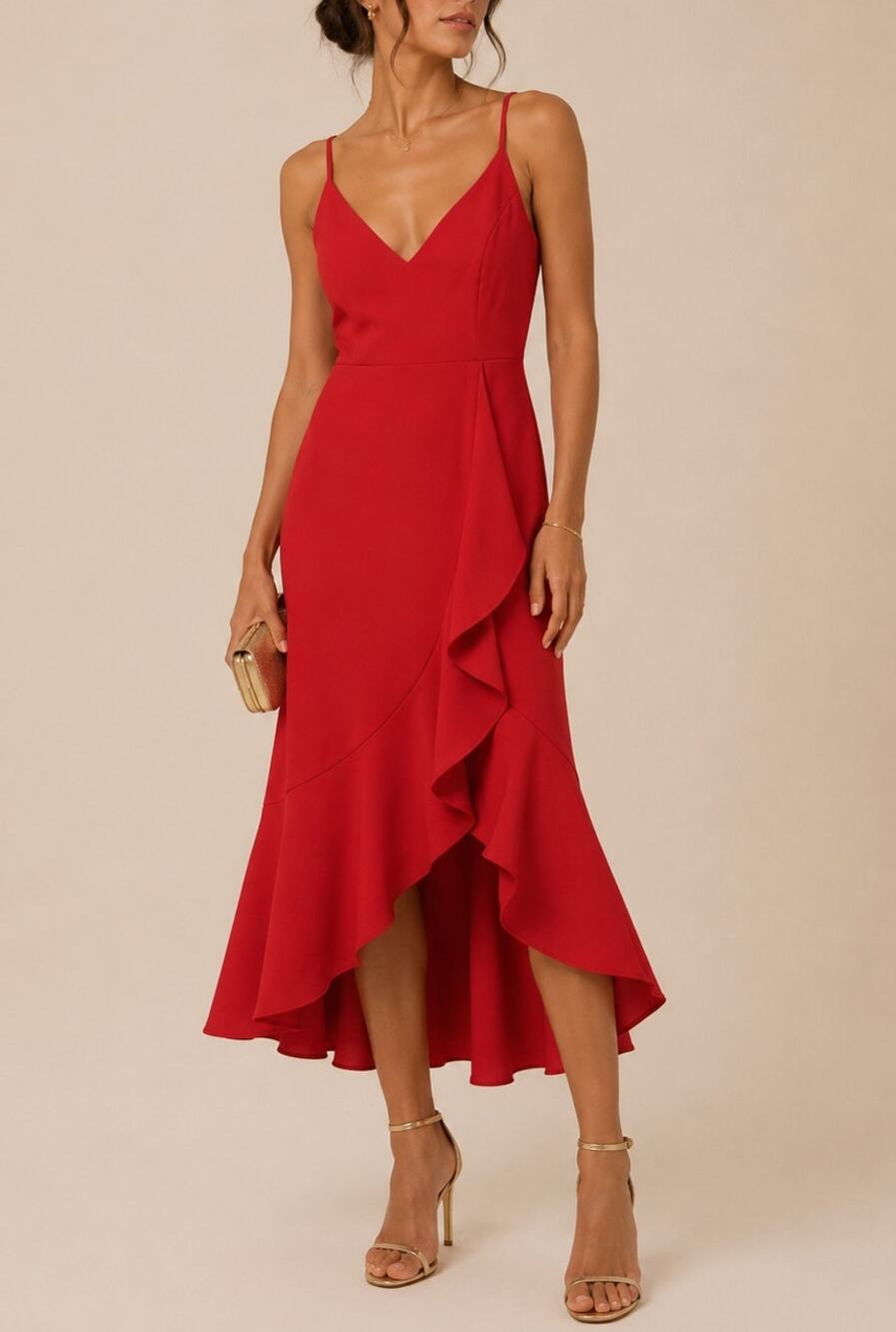 Womens Asymmetrical Ruffle Midi Dress Size 4 Red Cocktail Wedding Guest Event